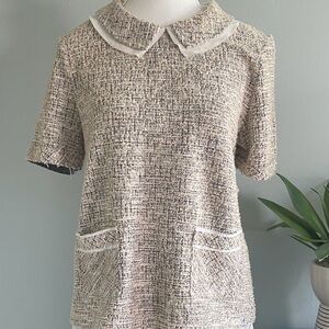 Anthropologie Cream Tweed Short Sleeve Peter Pan Collar Top